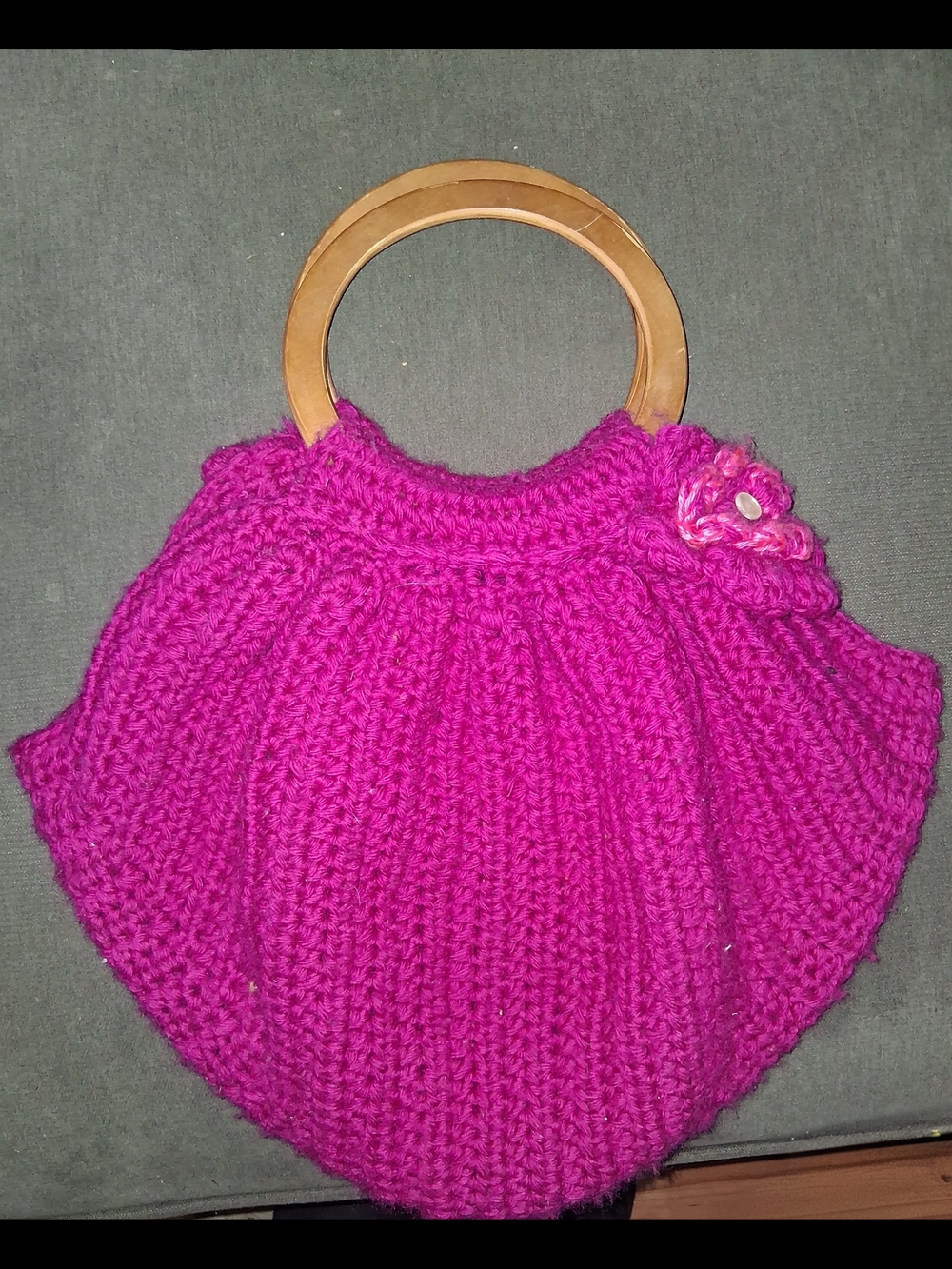 Handmade Pink Knit Tote Bag with Wooden Handles